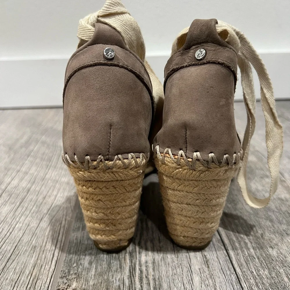 Sam Edelman Taupe Suede Espadrille Wedge with Cream Ribbon Tie